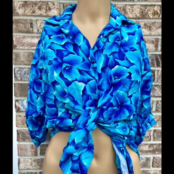 Vintage 80s Bright Blue Floral Hawaiian Shirt - Picture 5 of 7